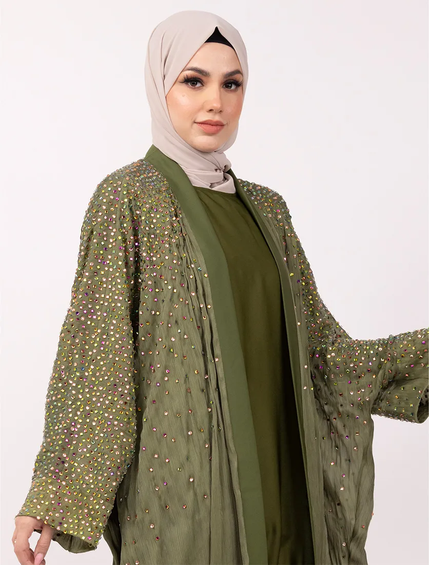 Olive Multi Crystal Embellished Sheer Overlay Abaya